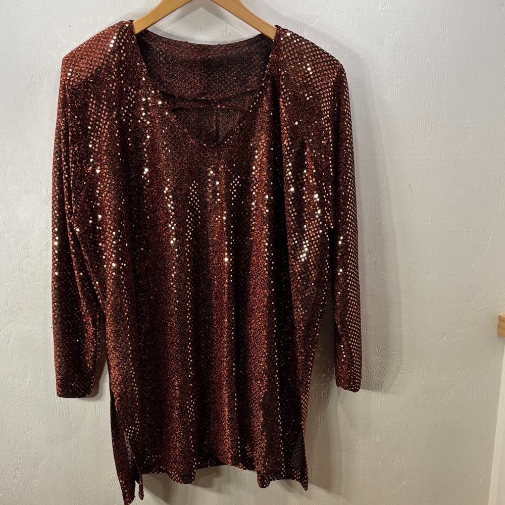 Sparkling Copper Penny Sequin Shimer Elegant Dressy Formal Top V Neck SZ 2X